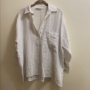 Zara Basic Linen Blend Slub Knit Pullover Top White Blue Size Small Beach